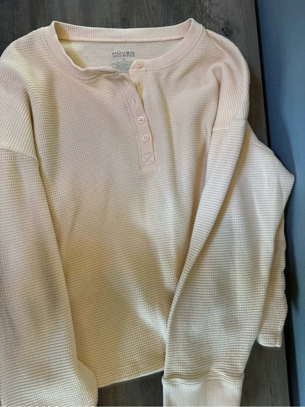 Haven 💯 Cotton Long Sleeve Waffle Henley Tee in Light Peach - Women's Casual Top